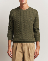 Gant Cotton Cable Crew Neck Pullover Khaki Green Melange